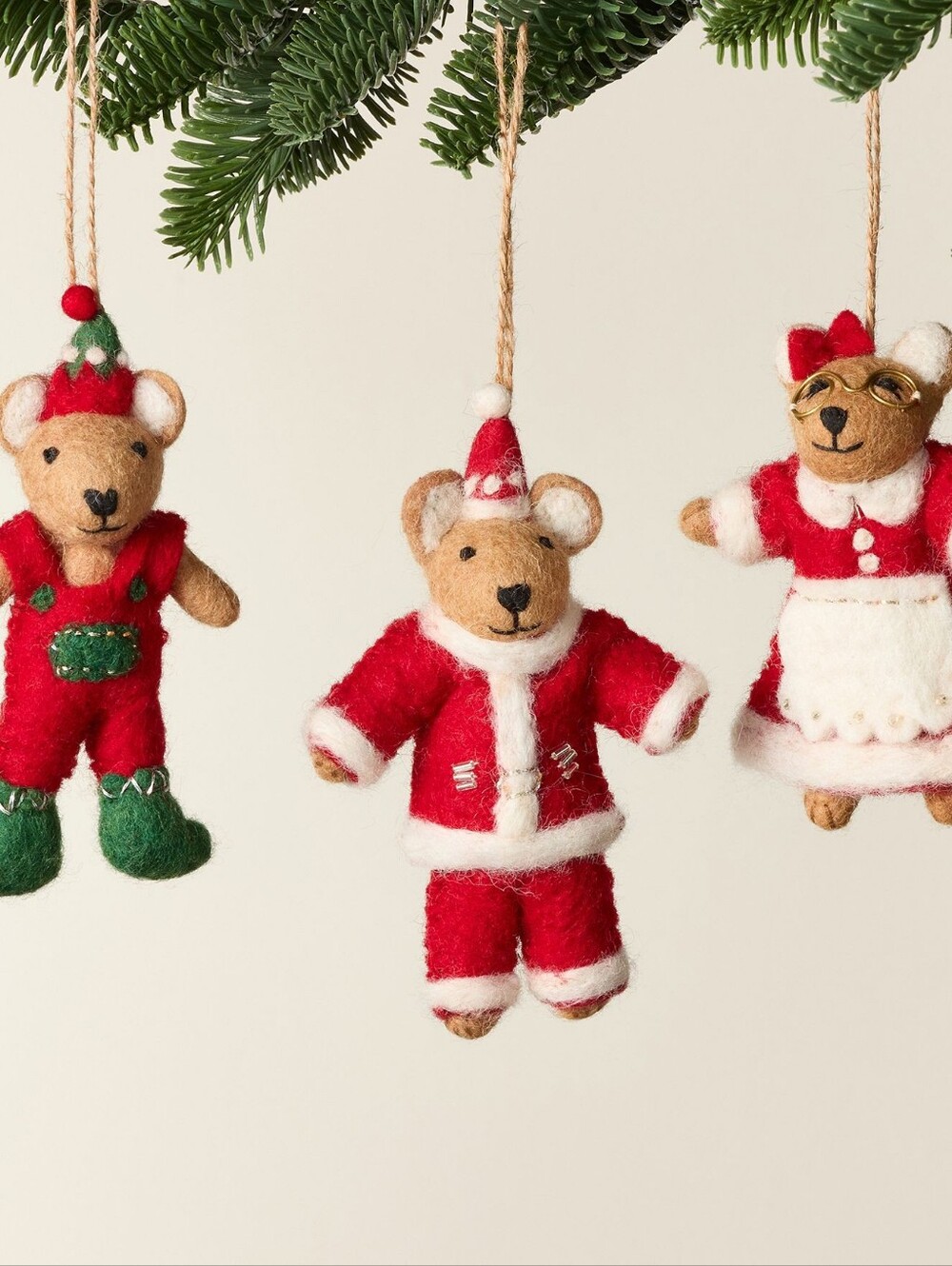 Pottery Barn Felted Teddy Bear Ornaments, Set of 3 New Open Box